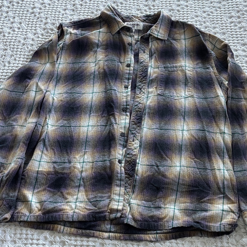 Billabong Men's Plaid Button-Down Shirt in Black, Purple & Cream